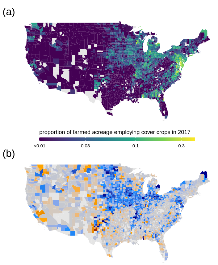 Interim example of two heatmaps for the lower 48 united states showing variation between the proportion of farmed acreage employing cover crops in 2017.